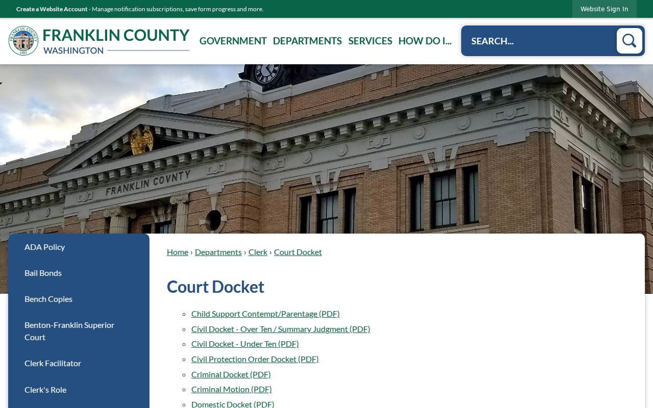 Franklin County court schedule docket categories